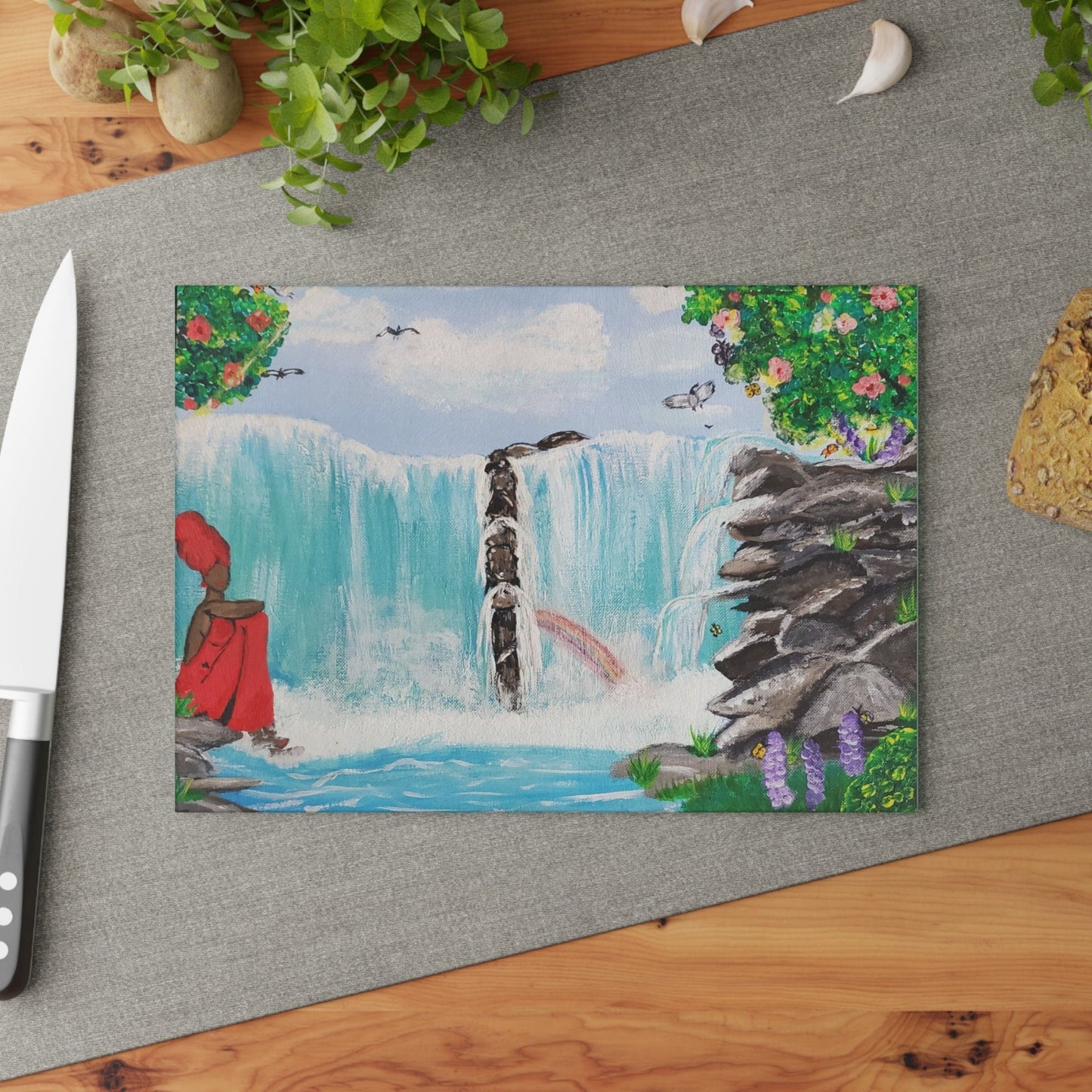 Waterfall Scene Glass Cutting Board, Kitchen Decor, Chef Gift, Housewarming, Art Glassware, Unique Cooking Accessory